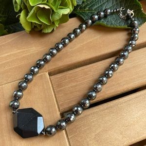 Black Stone and Multi Faceted Black Bead Necklace